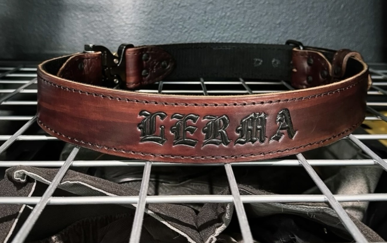Mahogany 2 inch bunker belt with webbing inner liner, adjustable single prong, and Cobra D ring buckle